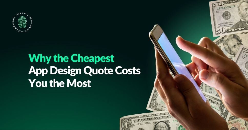 Hands holding a phone over a pile of dollar bills, the cover for Why the Cheapest App Design Quote Costs You the Most, an article on app design cost