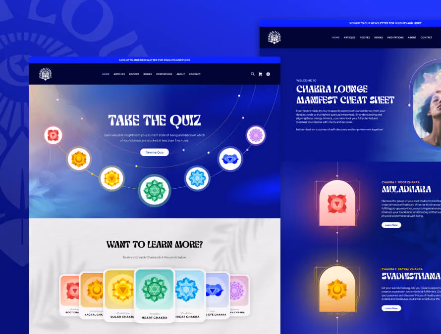 Website interface showing a Chakra quiz invitation with colorful chakra symbols and a section for learning more about each chakra on a blue and white background.