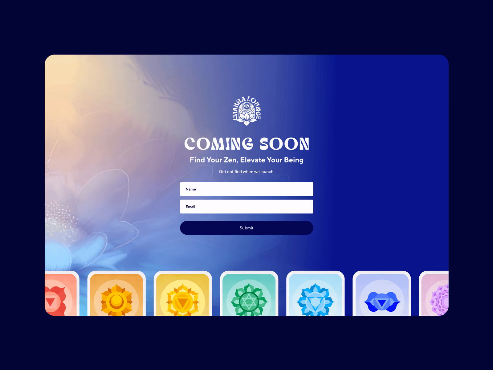 Chakra Lounge coming soon page with a sign-up form for name and email and colorful chakra icons along the bottom.