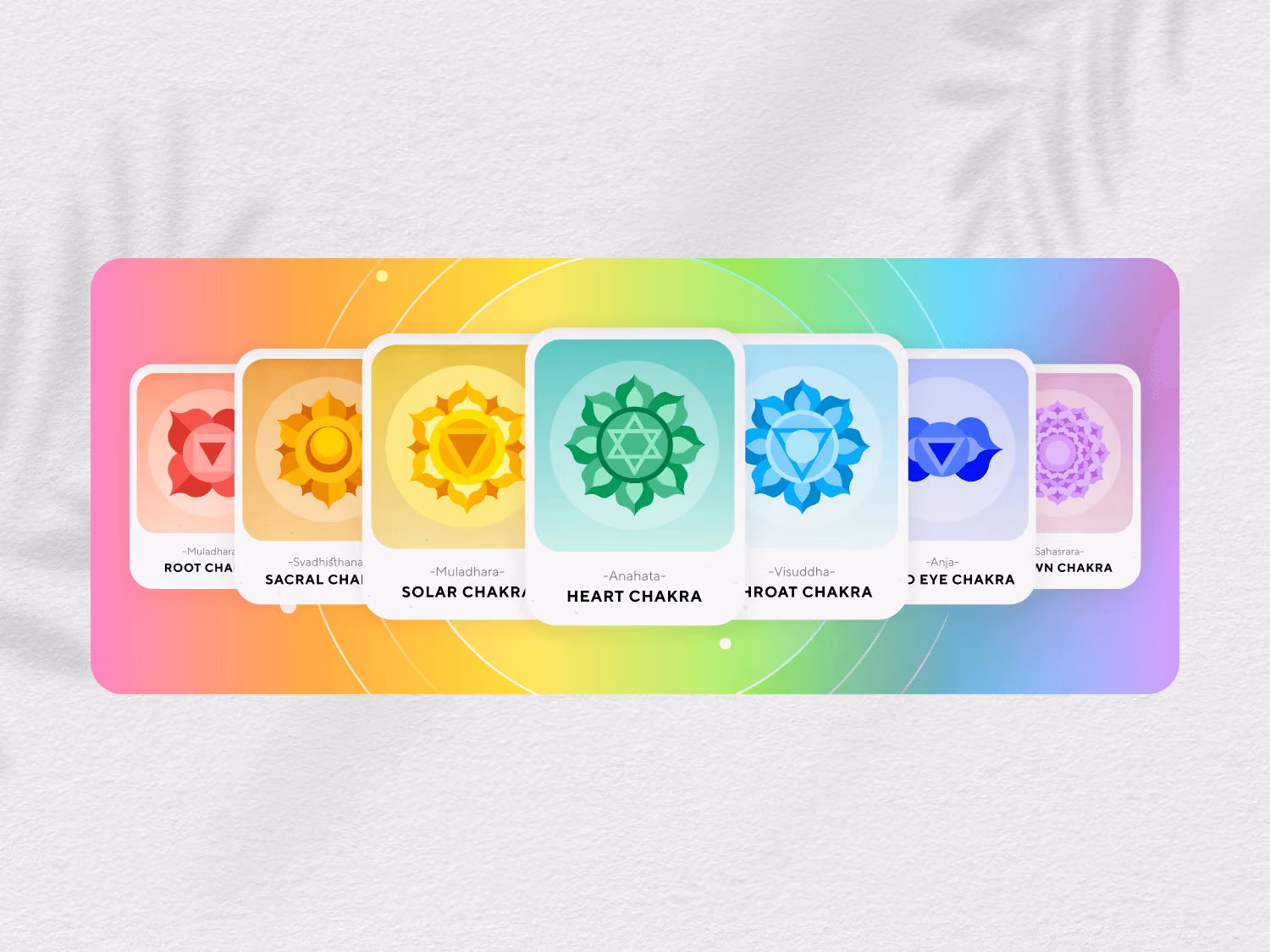 Seven colorful chakra cards arranged side by side, each showing a different chakra symbol and name from Root to Crown chakra on a gradient rainbow background.