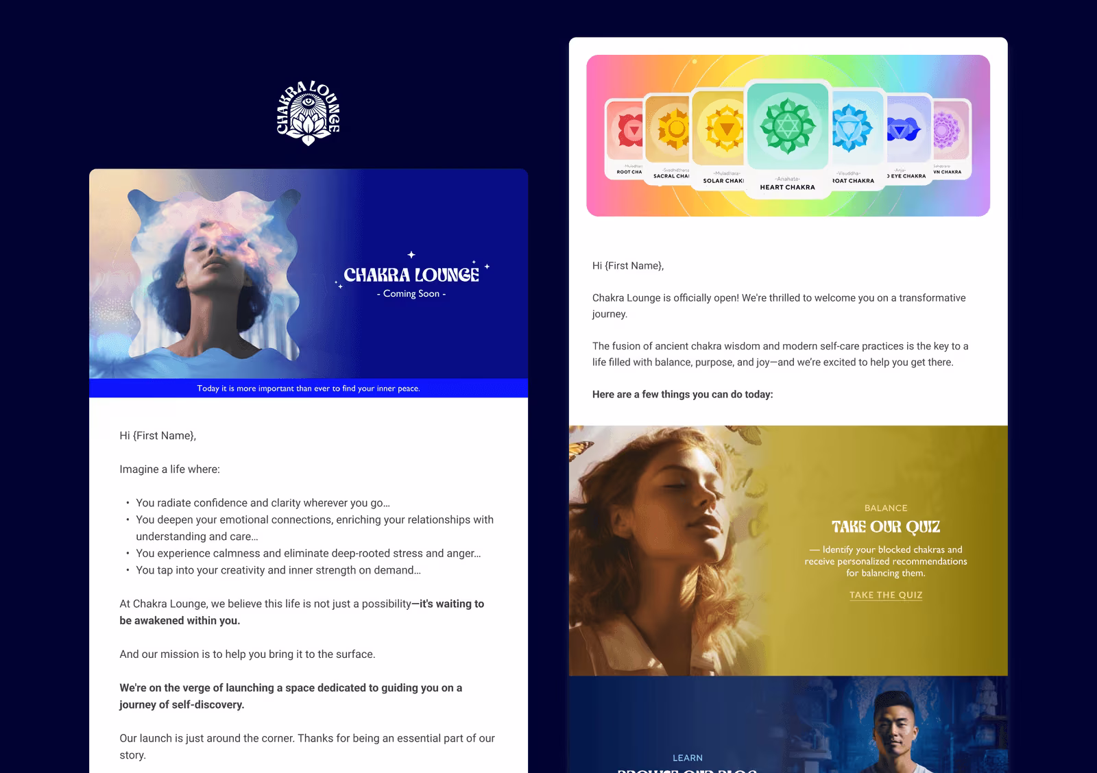 Email newsletter for Chakra Lounge featuring a serene woman with clouds around her head, chakra symbols at the top, text about self-discovery and inner peace, and sections inviting readers to take a quiz or browse the blog.