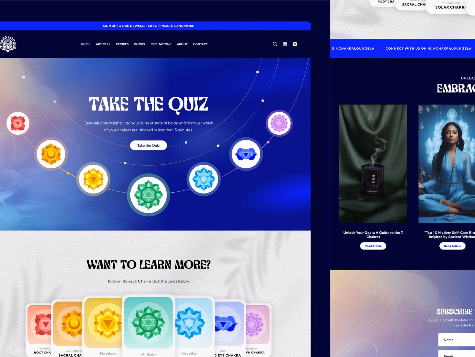 Website page featuring a chakra quiz with colorful chakra symbols arranged in a curved line and an invitation to learn more with clickable chakra cards below.
