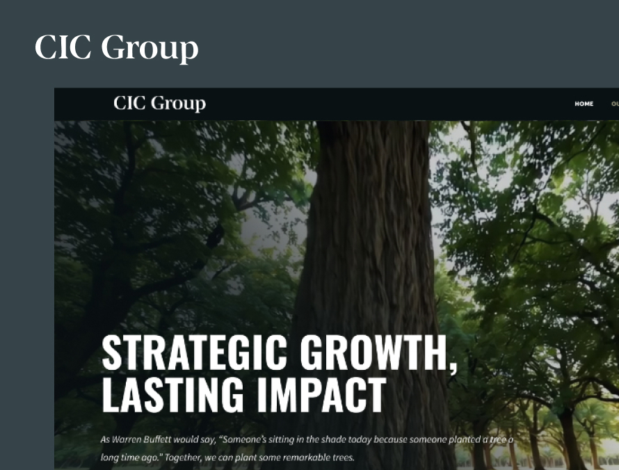 The CIC Group wordmark above the website hero: strategic growth, lasting impact, over a photograph of trees
