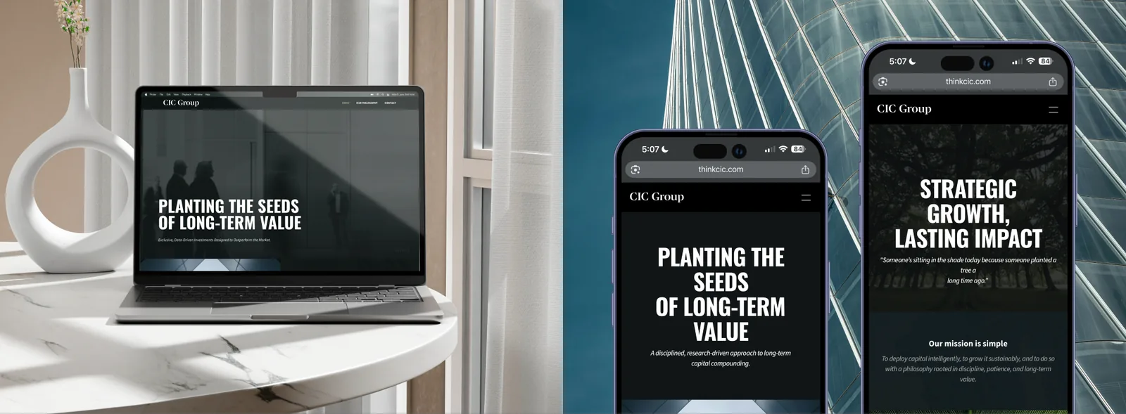 The CIC Group website on a laptop and on two phones
