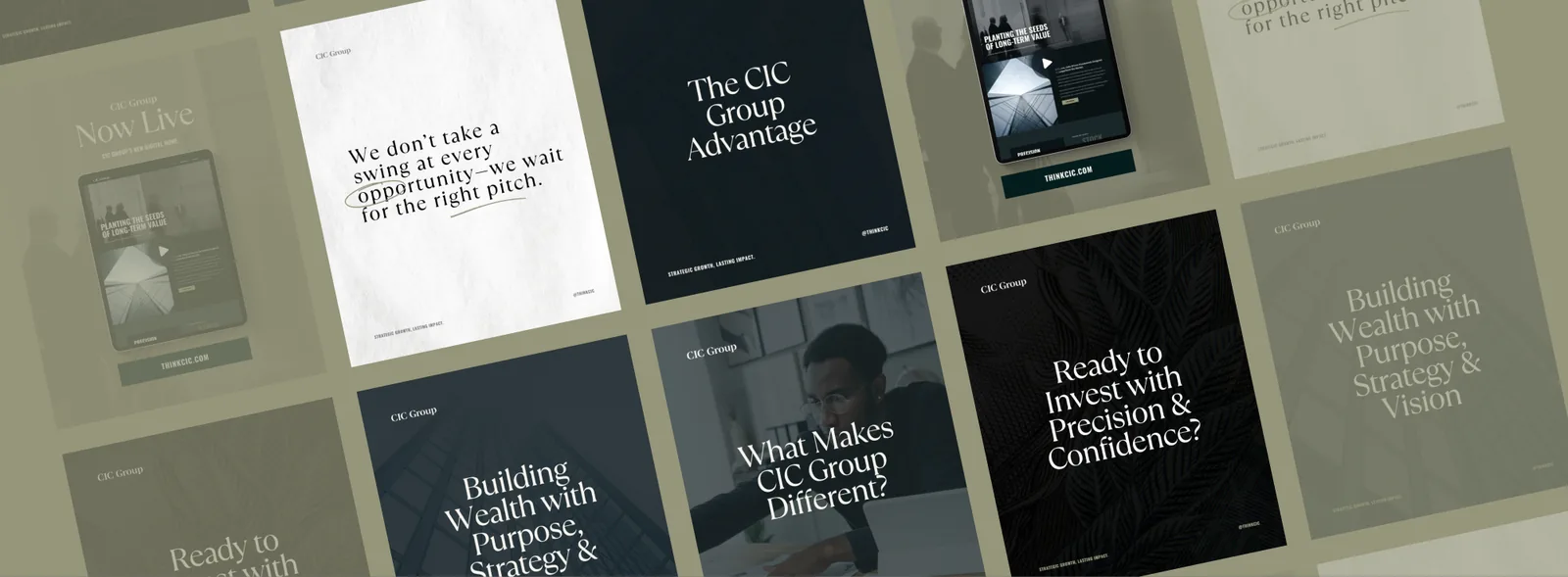 CIC Group social posts set in the serif: we don't take a swing at every opportunity, the CIC Group advantage, and building wealth with purpose