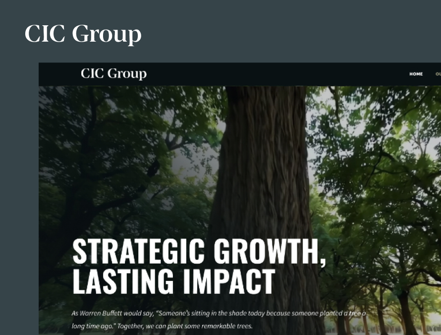 The CIC Group wordmark above the website hero: strategic growth, lasting impact, over a photograph of trees