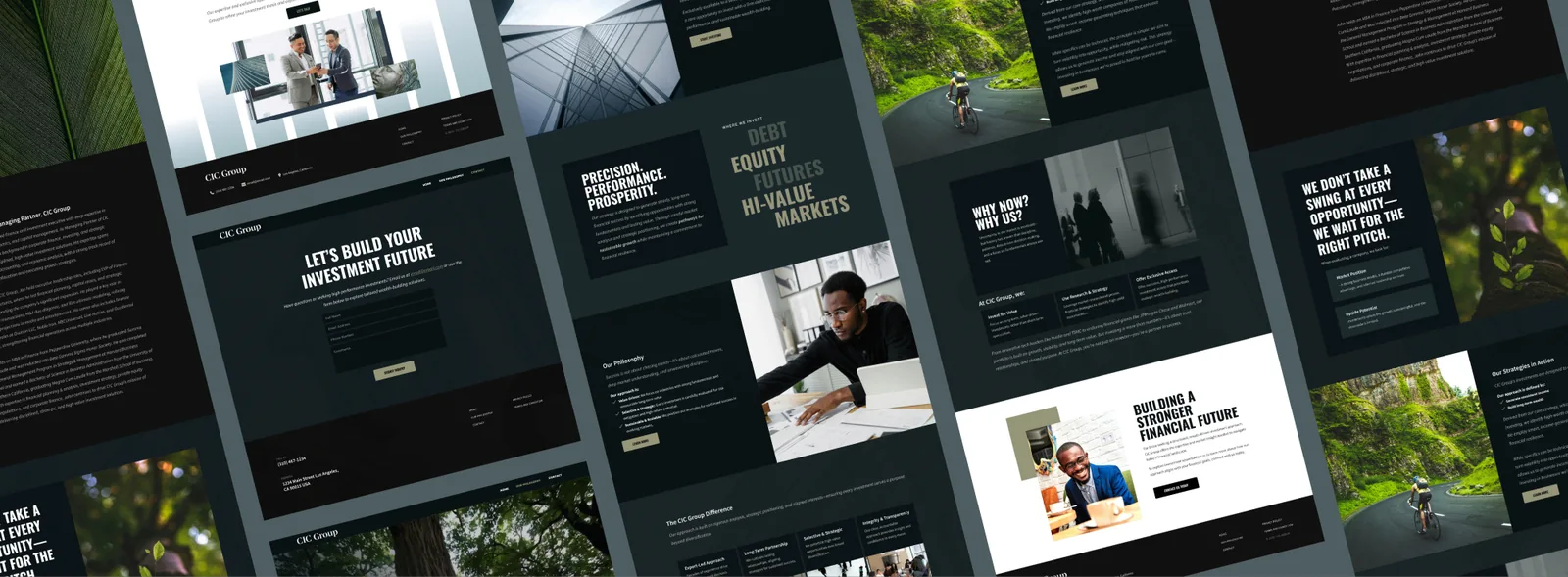 CIC Group website pages laid out at an angle: philosophy, where we invest, the CIC Group difference, and the contact form