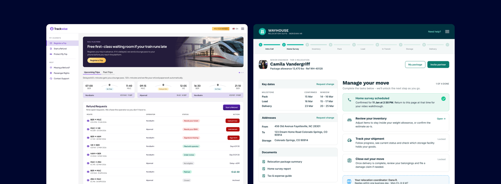 Confidential & Government Work, flight-claims portal and relocation platform screens