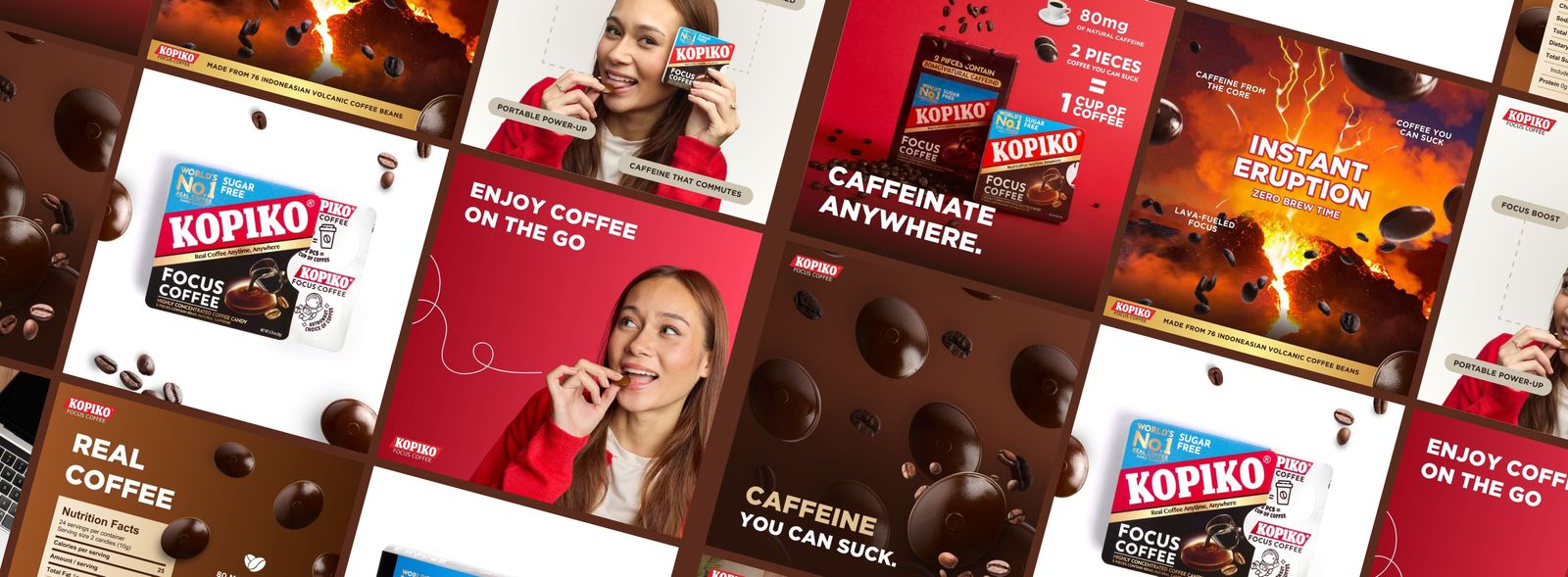 A collage of Kopiko Focus Coffee branding and promotional images showing coffee candy packaging, coffee beans, lava eruption with coffee beans, a woman eating the coffee candy, and slogans like 'Enjoy Coffee on the Go,' 'Caffeinate Anywhere,' and 'Caffeine You Can Suck.'