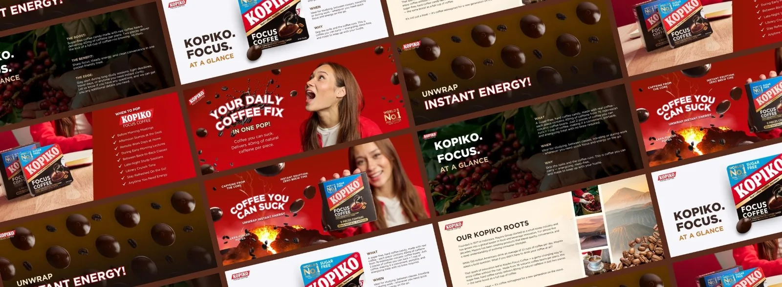 Kopiko Focus Coffee Amazon A+ Content modules: 40mg of natural caffeine per piece, two pieces equal one cup of coffee, when to reach for it, what it is, and the brand's roots in Indonesia.