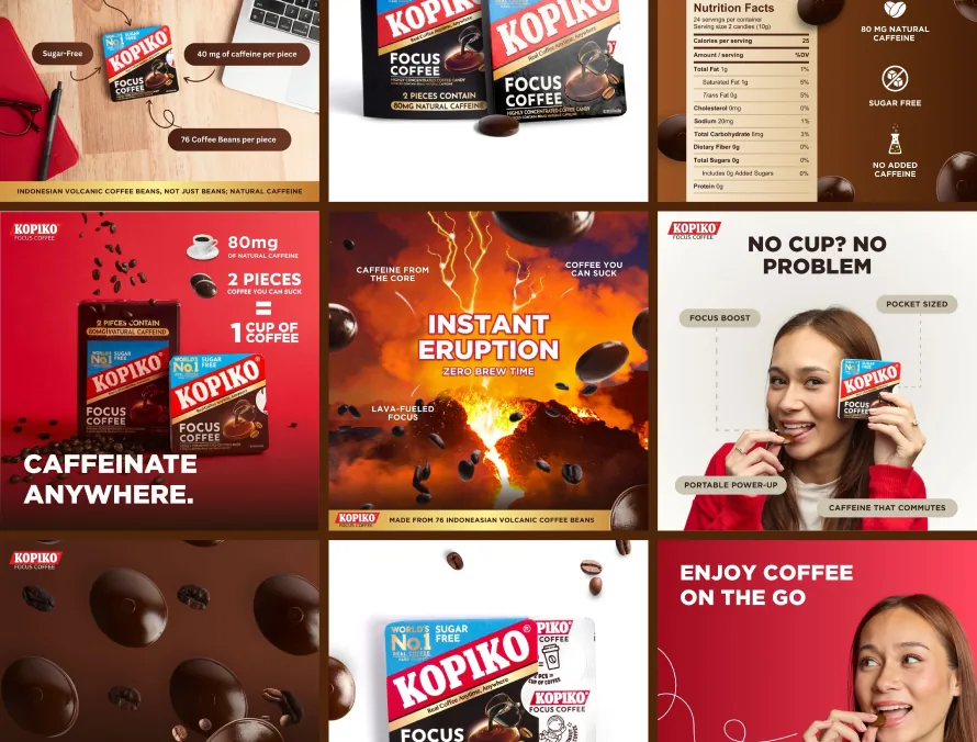 Nine-panel collage showcasing Kopiko Focus Coffee candy: highlighting natural caffeine from Indonesian volcanic beans, 80 mg caffeine per 2-piece serving, sugar-free, no added caffeine, and easy portability for on-the-go caffeine boost.