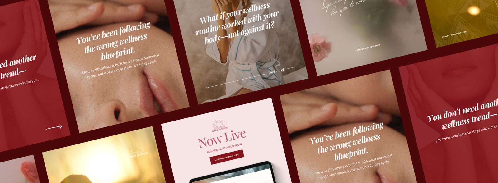 Collage of wellness-related images and texts including close-ups of a woman's lips and torso, a woman in a white robe with hands in prayer position, flowers, and a glowing sunset with a person in silhouette, overlaid with messages about wellness, hormonal cycles, and connecting with your flow from Lumina Horizons.