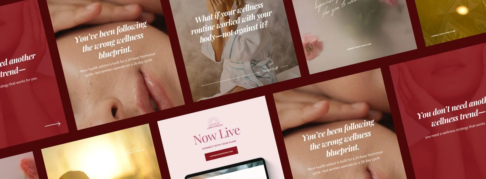 Collage of wellness-related images and texts including close-ups of a woman's lips and torso, a woman in a white robe with hands in prayer position, flowers, and a glowing sunset with a person in silhouette, overlaid with messages about wellness, hormonal cycles, and connecting with your flow from Lumina Horizons.