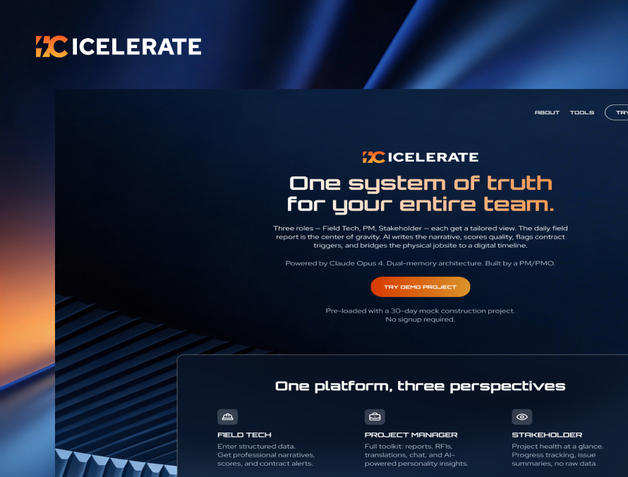 The ICelerate logo above the website hero: one system of truth for your entire team