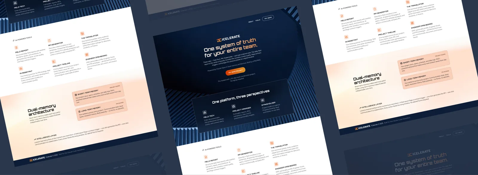 ICelerate website pages laid out at an angle: the hero, the three perspectives, the AI-powered tools, and the dual-memory architecture