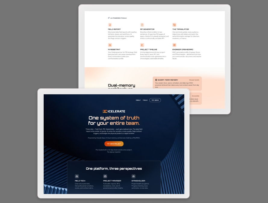 ICelerate website on a tablet and a laptop: one system of truth for your entire team, with the AI-powered tools section