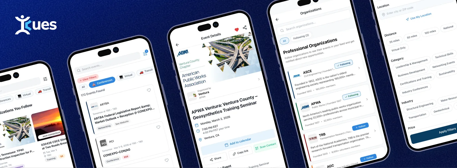 Five iCues app screens: the event feed, filters, an event detail page, organizations to follow, and location search