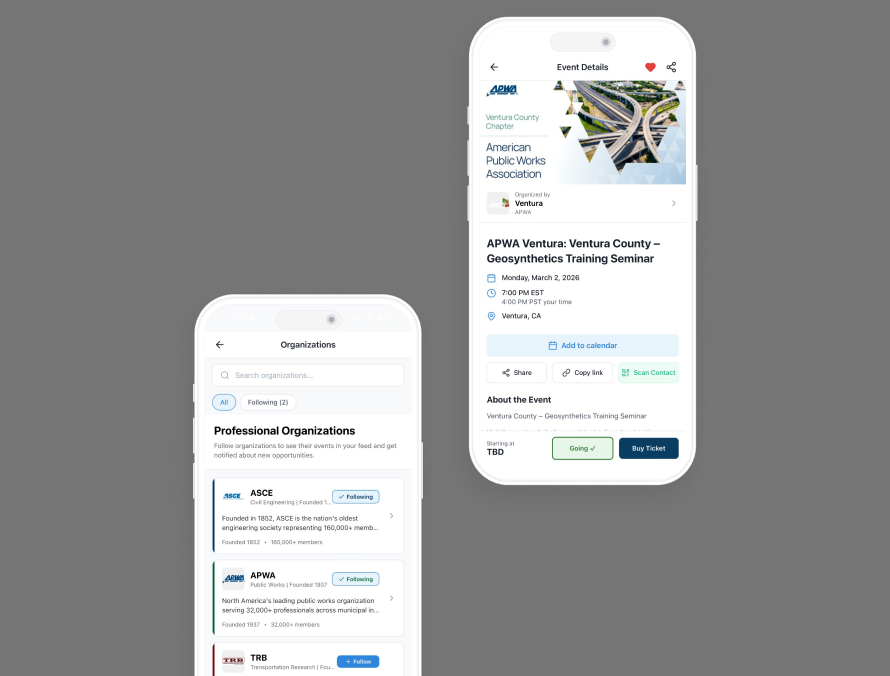 iCues app screens showing the organizations list and an event detail page
