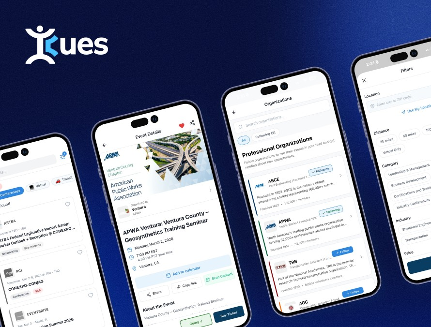 The iCues logo beside four app screens: the event feed, an event detail page, organizations, and filters