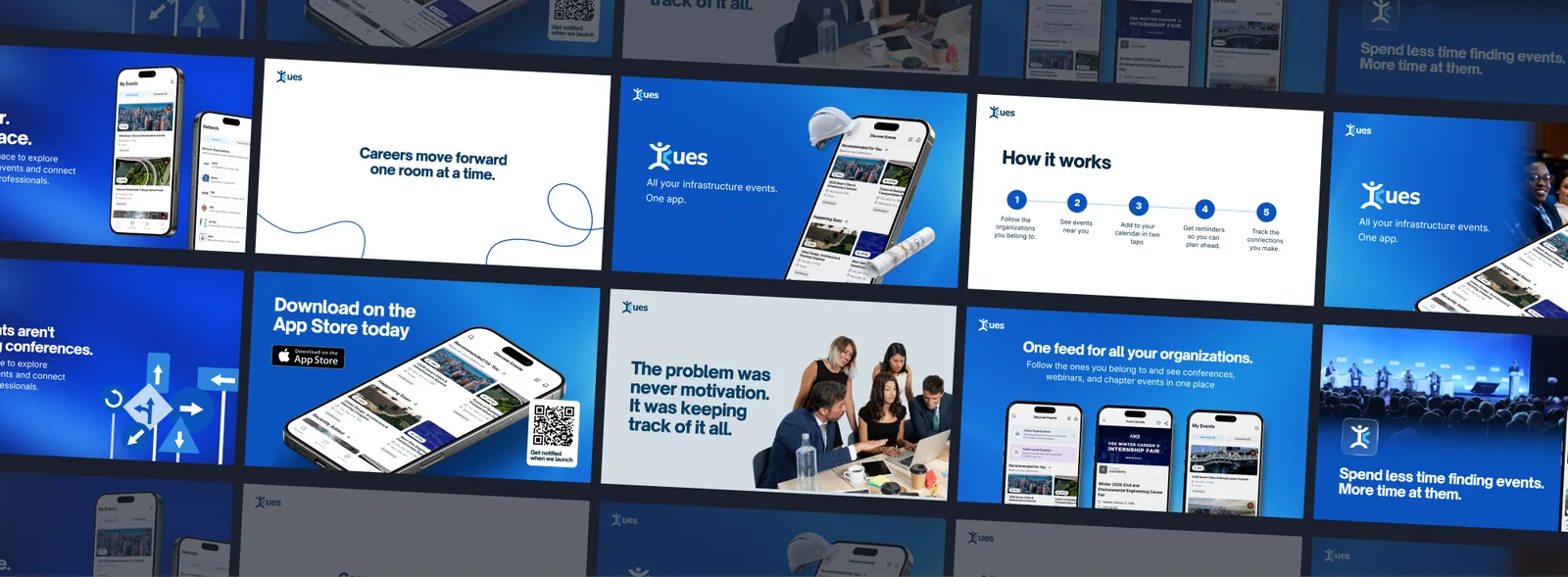 A grid of iCues launch slides: how it works in five steps, one feed for all your organizations, and download on the App Store