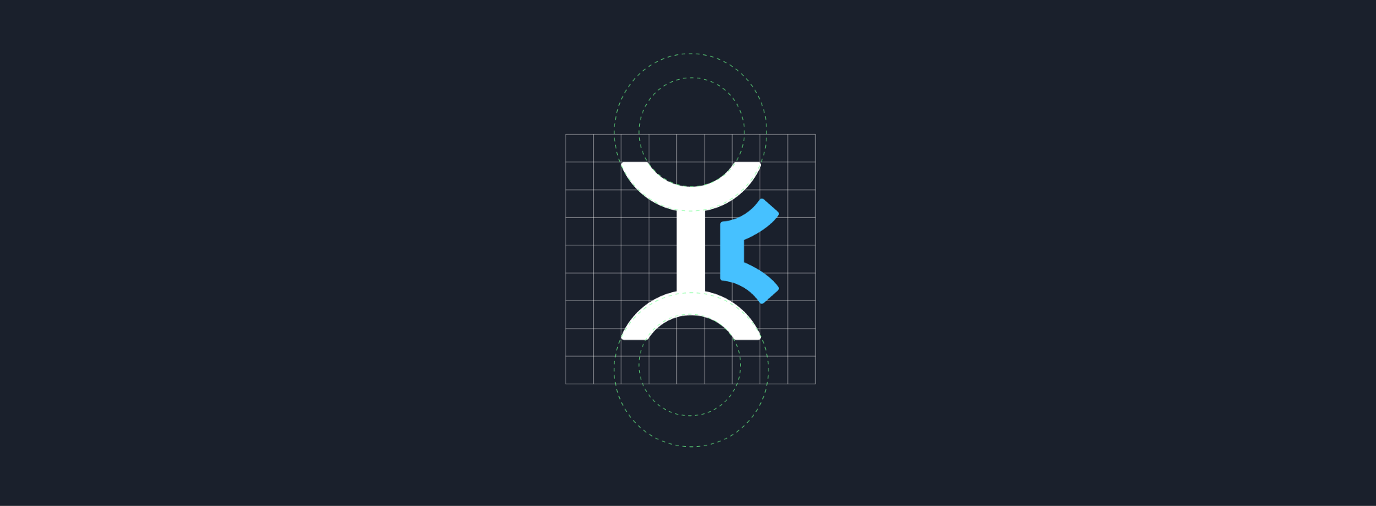 The iCues mark on a construction grid: a white steel beam I with a blue C wrapped around it