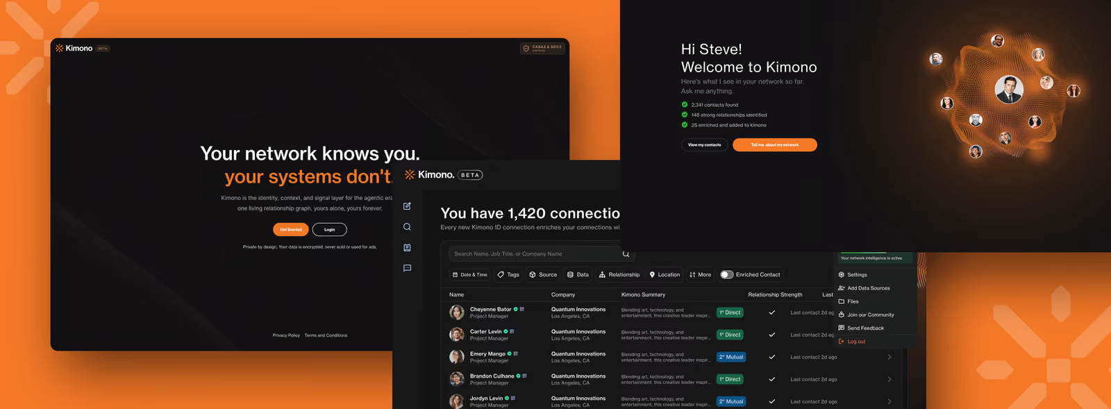 Kimono sign-up, welcome, and connections screens