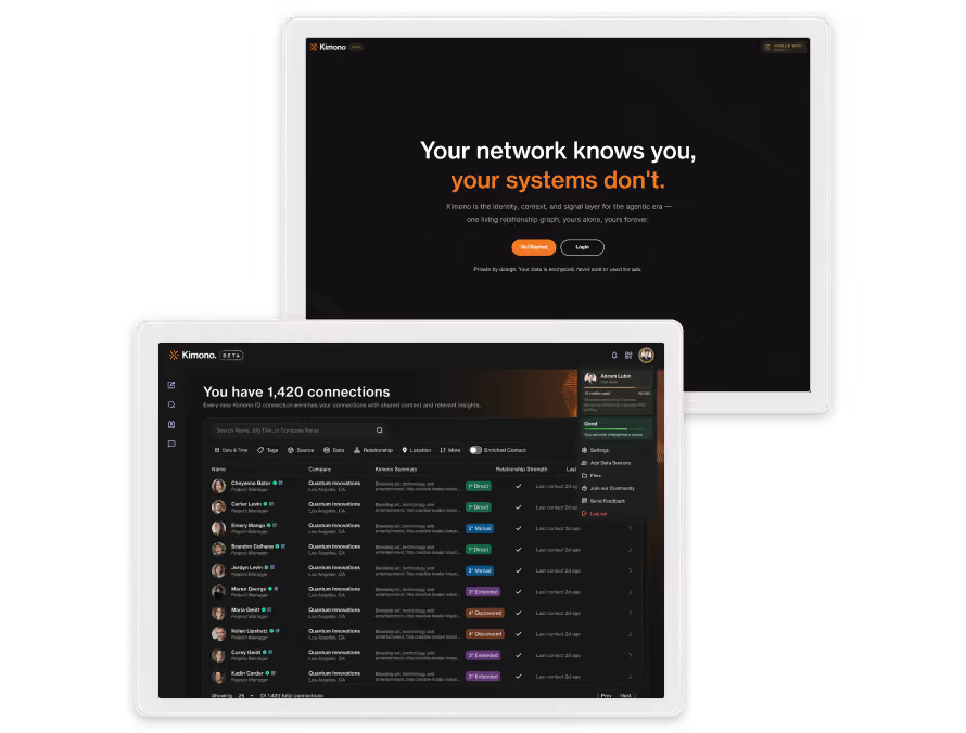 Two laptop screens showing Kimono software interface: the top screen has the slogan 'Your network knows you, your systems don't' with an orange and white theme; the bottom screen lists 1,420 connections with names, companies, relationship strength, and activity details in a dark-themed dashboard layout.