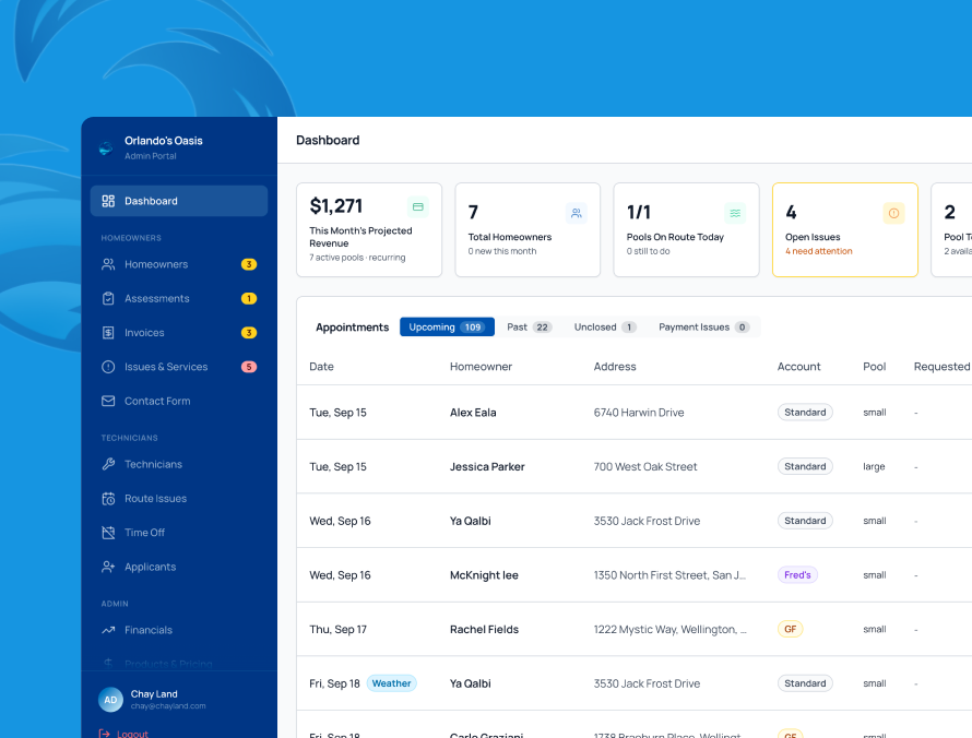 Orlando's Oasis booking app and dashboard screens
