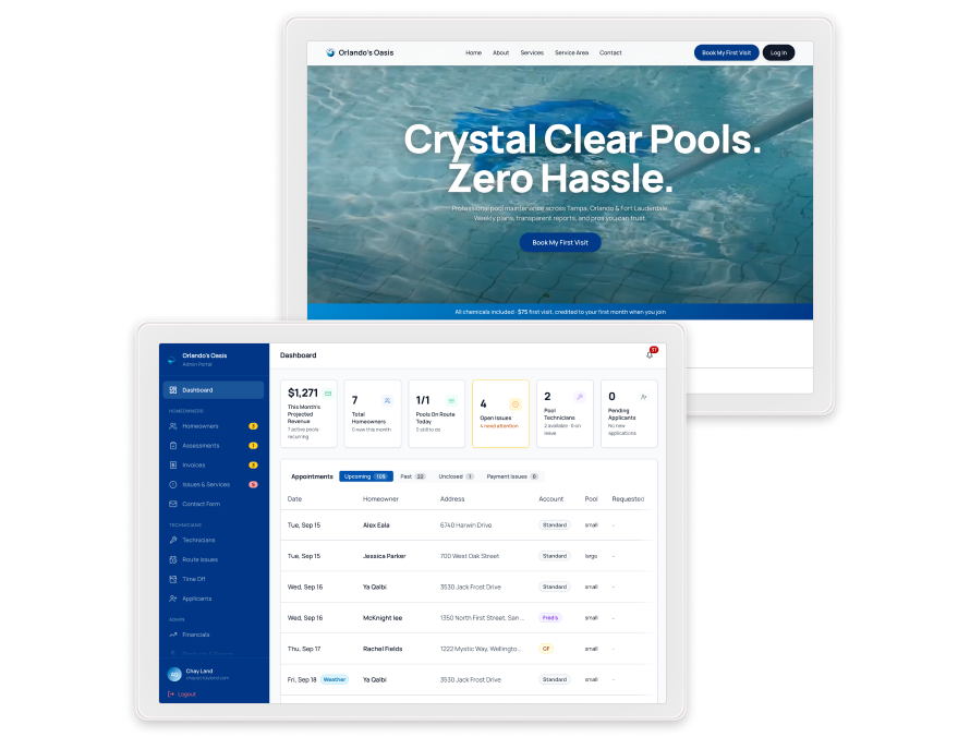 Orlando's Oasis technician app and booking screens