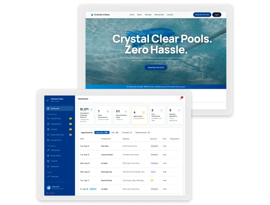 Orlando's Oasis technician app and booking screens