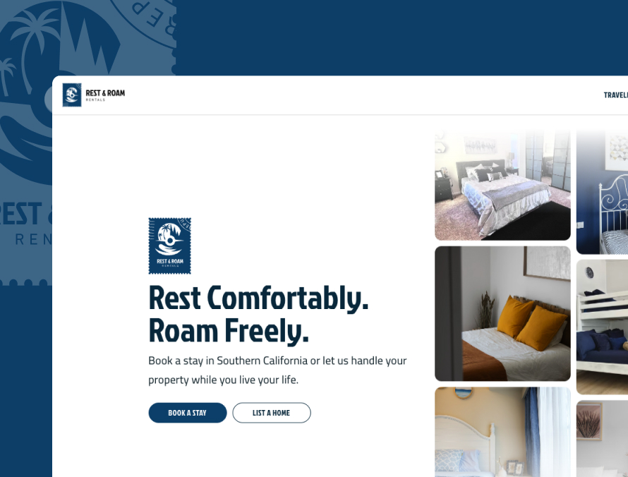The Rest and Roam Rentals stamp logo beside the website hero: rest comfortably, roam freely