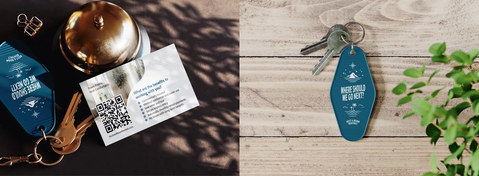 Blue motel-style key tags that read where should we go next, with a guest card listing the benefits of hosting