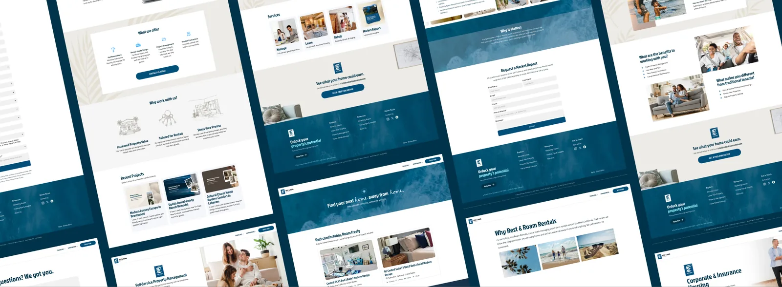 Rest and Roam Rentals website pages laid out at an angle: services, why work with us, recent projects, the market report form, and corporate housing