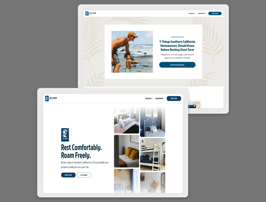 The Rest and Roam Rentals website on a tablet and a laptop: rest comfortably, roam freely, with a free homeowner guide