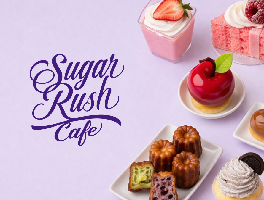 The Sugar Rush Cafe script logo in purple beside a spread of pastries