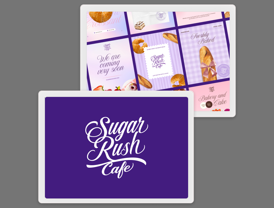 The Sugar Rush Cafe script logo on purple beside a tablet showing the cafe's social feed