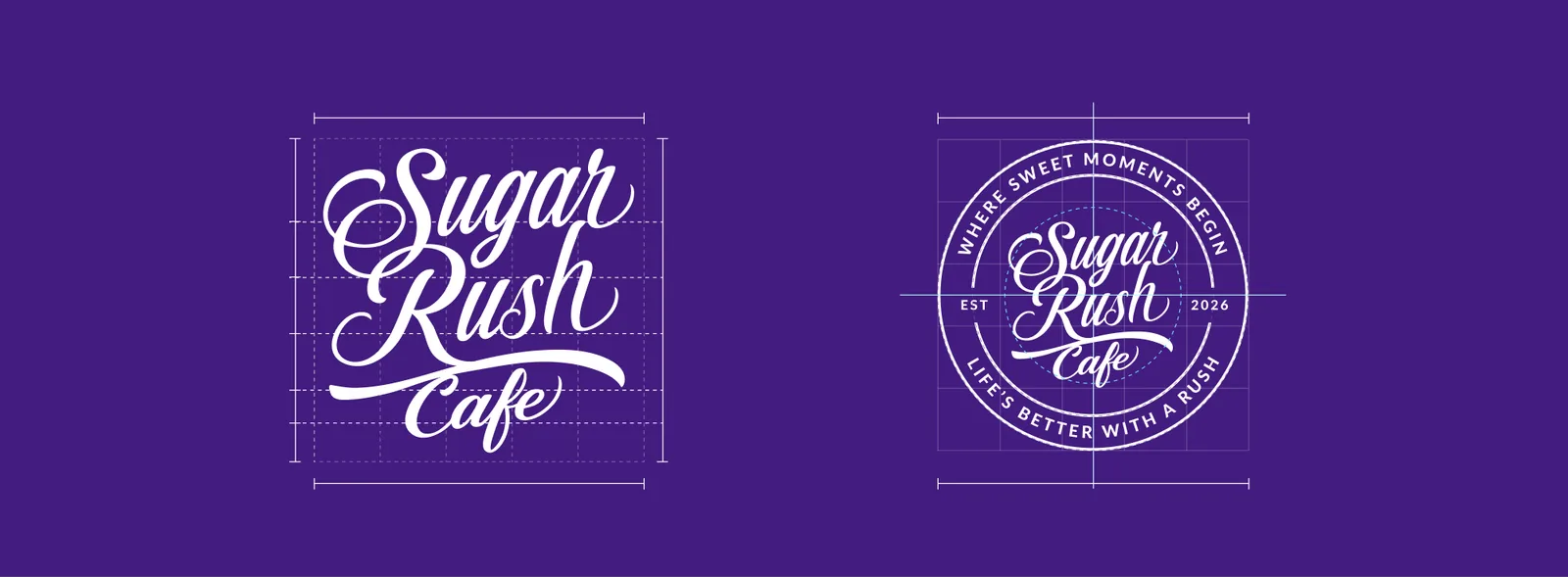 The Sugar Rush Cafe script logo and the round seal on construction grids
