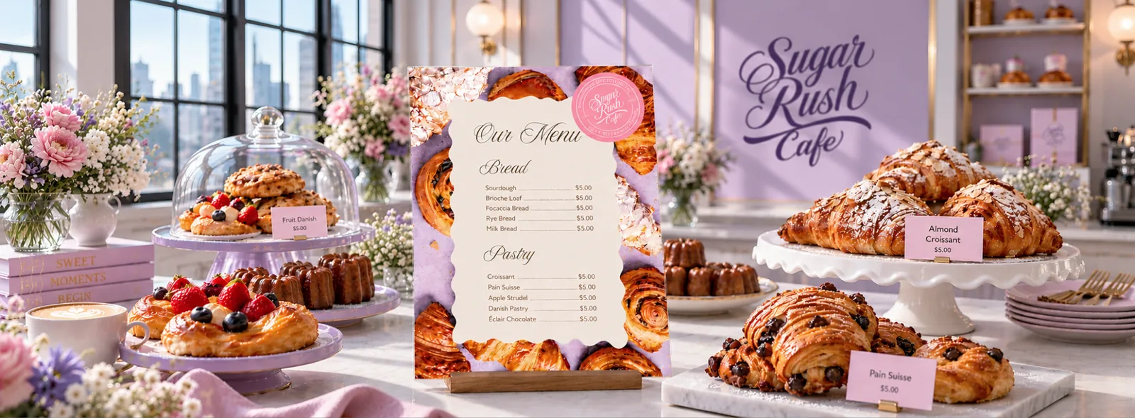 The Sugar Rush Cafe menu board for bread and pastry on a counter surrounded by croissants, danishes, and flowers