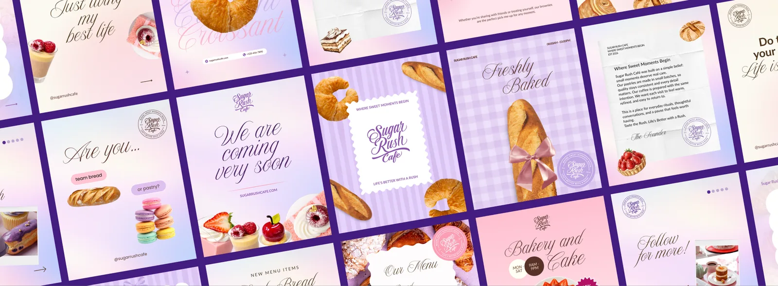 A grid of Sugar Rush Cafe social posts: we are coming very soon, freshly baked, bakery and cake, and the founder's note