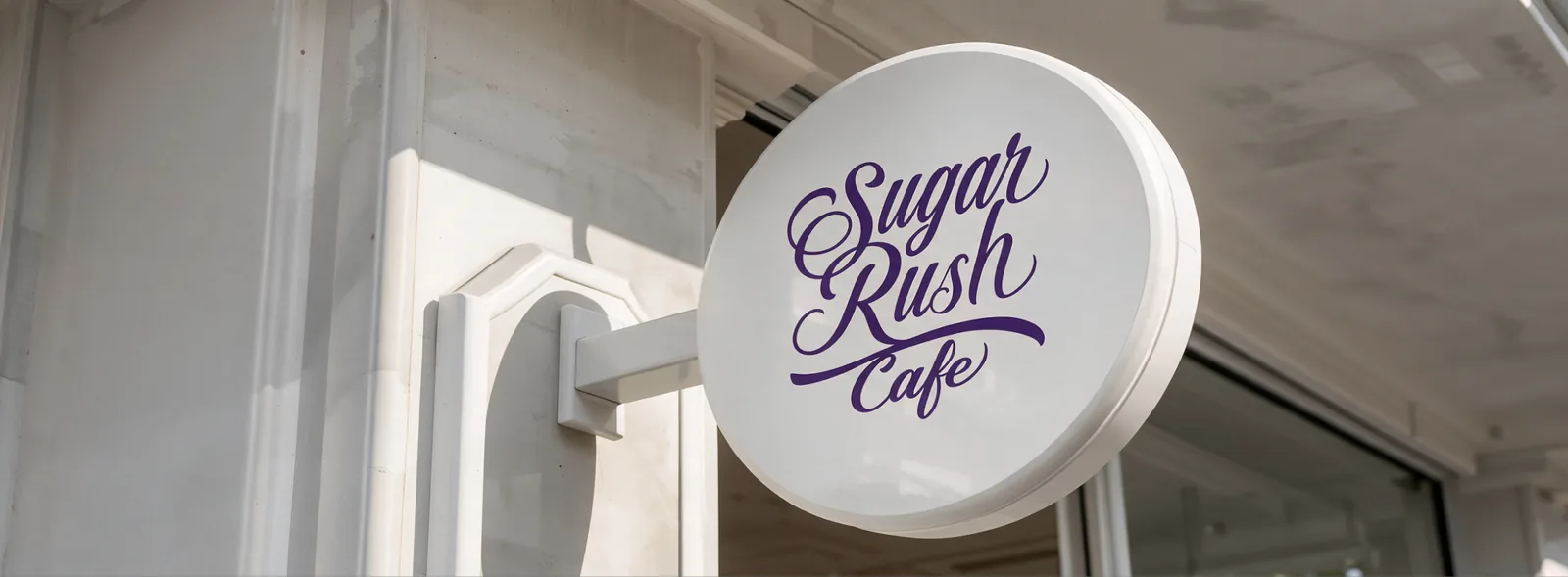 A round white blade sign with the purple Sugar Rush Cafe script, mounted on a storefront