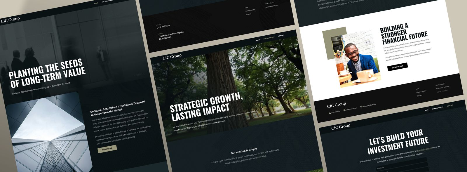 Website layout for CIC Group showing financial investment themes with bold titles: Planting the seeds of long-term value, Strategic growth lasting impact, Building a stronger financial future, and Let's build your investment future, alongside images of a building, trees, and a man smiling in a cafe.