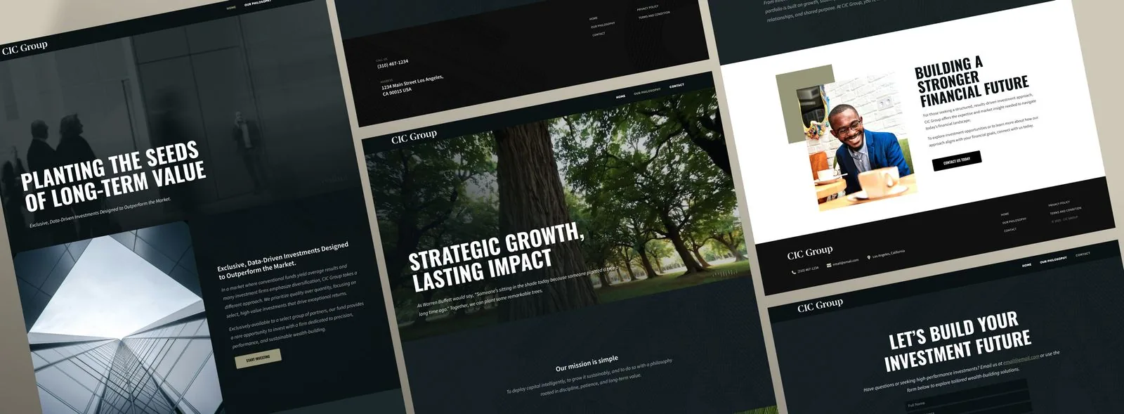 Website layout for CIC Group showing financial investment themes with bold titles: Planting the seeds of long-term value, Strategic growth lasting impact, Building a stronger financial future, and Let's build your investment future, alongside images of a building, trees, and a man smiling in a cafe.