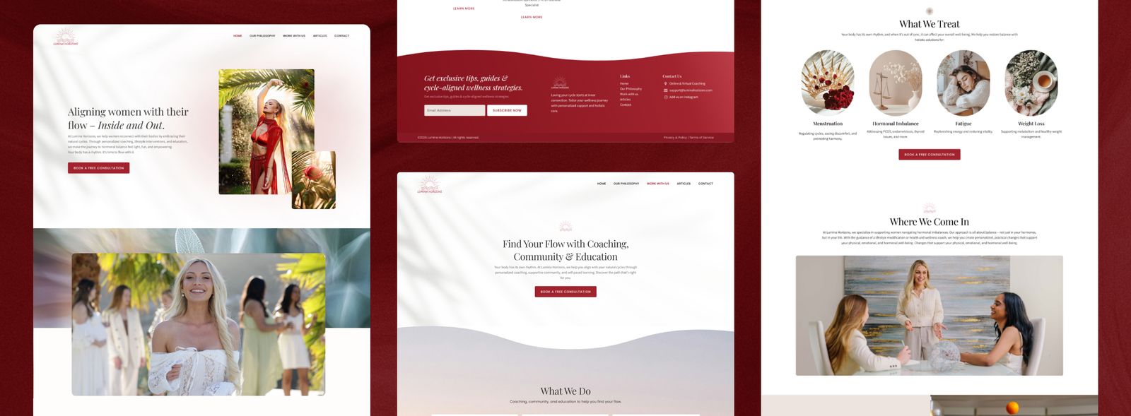 Composite website screenshots for Lumina Horizons showing homepage with slogan 'Aligning women with their flow – Inside and Out,' images of women, navigation menu, consultation call-to-action buttons, sections on coaching, community, education, treatments for menstruation, hormonal imbalance, fatigue, weight loss, and a photo of three women in discussion.