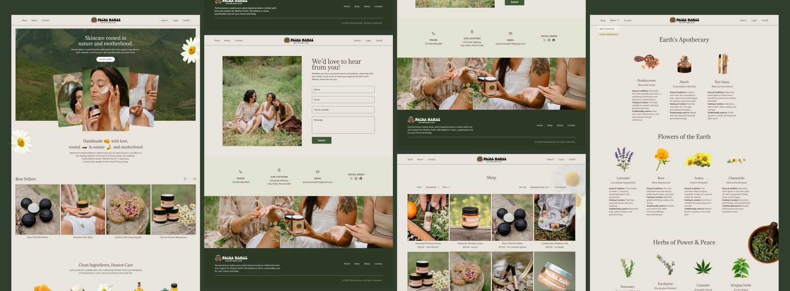 Website layout for Pachamamas, a skincare brand rooted in nature and motherhood, featuring product photos of natural balms, cleansers, and moisturizers, a contact form with an image of three women outdoors, sections highlighting Earth's Apothecary with herbs like frankincense, myrrh, palo santo, flowers like lavender, rose, arnica, chamomile, and power herbs including rosemary, eucalyptus, cannabis, and stinging nettle, with text emphasizing handmade, plant-based products crafted with care and sustainable principles.