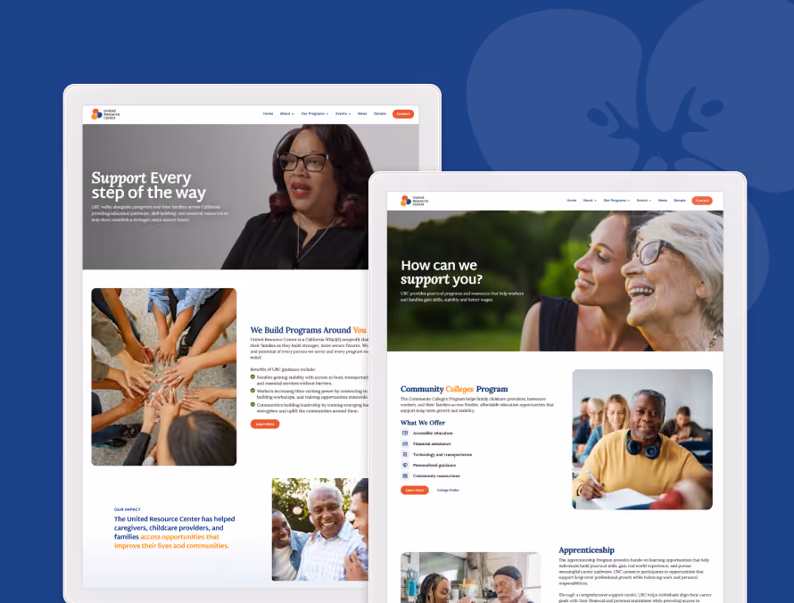 Two overlapping tablet screens displaying a website for the United Resource Center; the left screen shows a woman speaking with text about supporting every step of the way and a group putting hands together, the right screen has a photo of two women smiling with text about community college programs and support services.