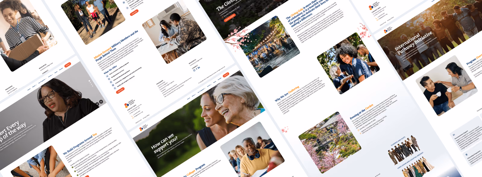 A collage of angled website pages showing diverse people in various settings, including a woman holding a box, a military person, a smiling elderly woman with a younger woman, and groups engaged in conversation, alongside sections of text and images related to community and support.
