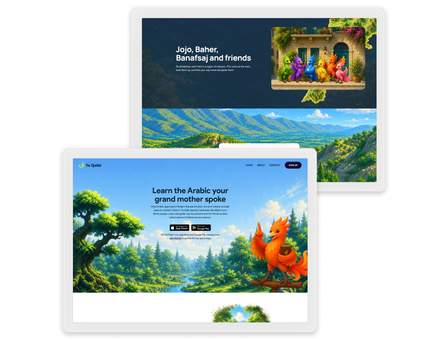 Ya Qalbi app screens with a phoenix guide