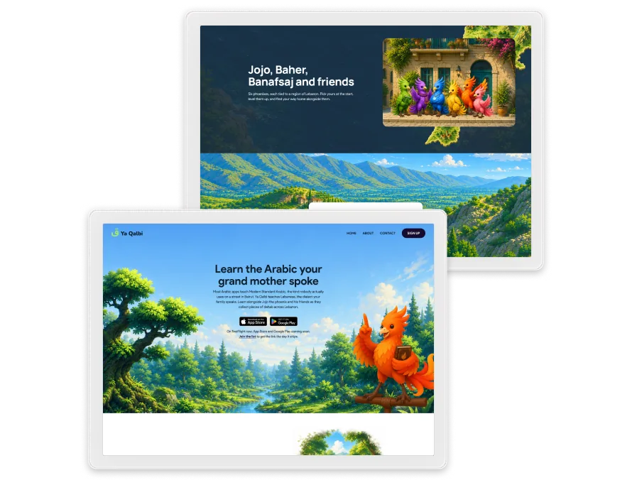 Ya Qalbi app screens with a phoenix guide