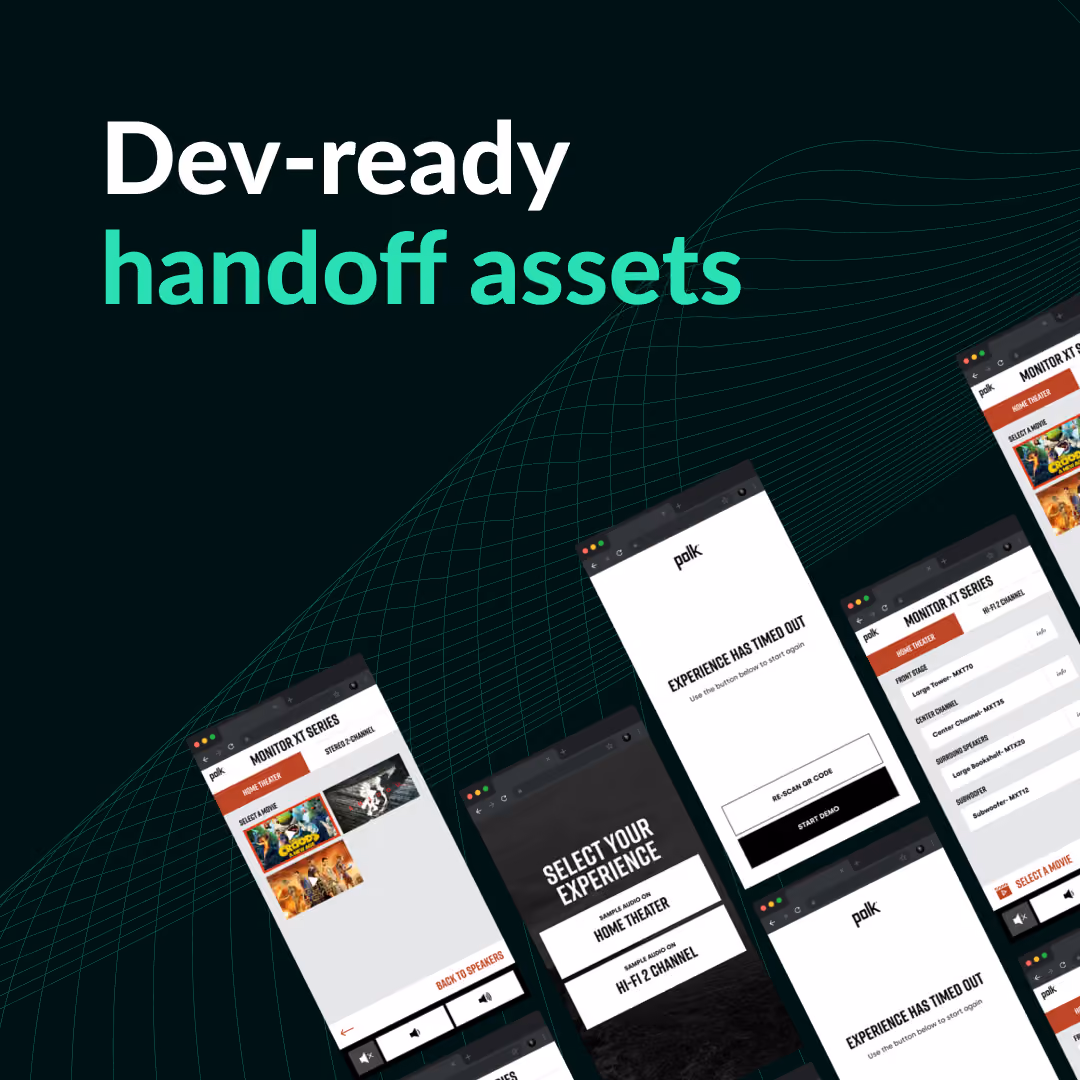 Screenshots of a web interface for selecting home theater and audio channel experiences with the text 'Dev-ready handoff assets' on a dark background.
