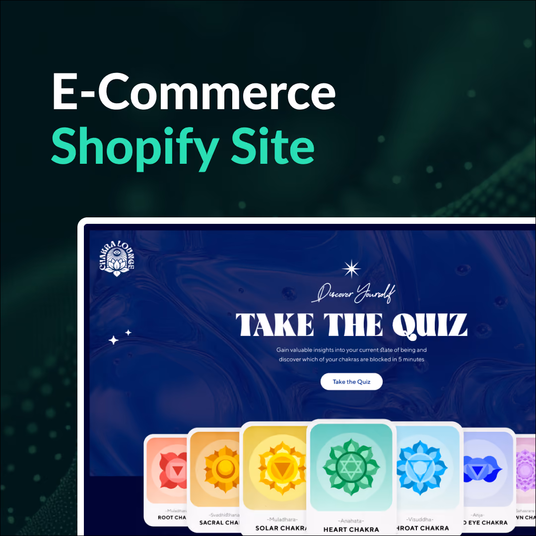 E-Commerce Shopify Site header with a chakra quiz webpage featuring colorful chakra cards and a 'Take the Quiz' button.